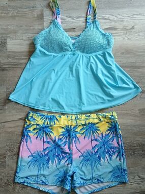 Modlily Tankini Set Blue Tropical Palm Tree Print  2X